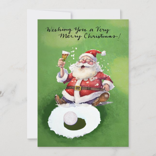 Cartão de Natal de Golfe com Papai Noel e bola de  (Frente)