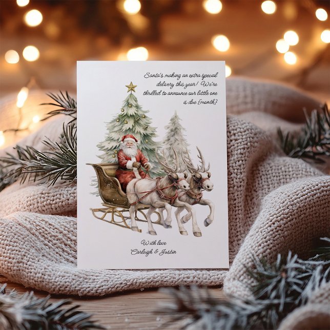 Cartão de Natal de Gravidez de Entrega Especial de (Christmas Card Pregnancy Announcement with traditional santa scene and your special delivery note)