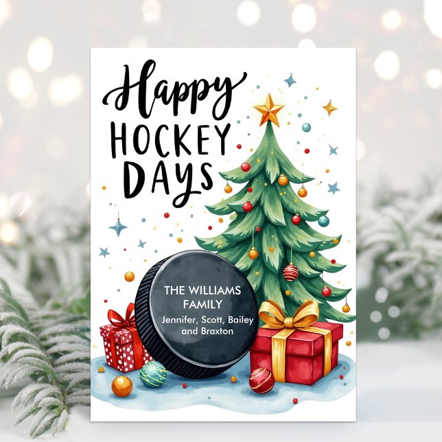 Cartão de Natal de Hockey com Nome da Família Wate (Hockey Christmas Card)