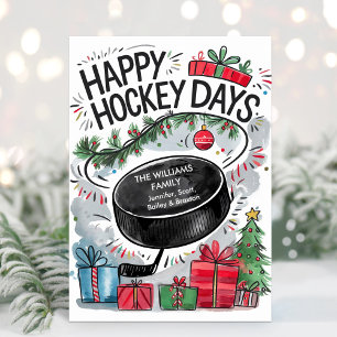 Cartão de Natal de Hockey com Nome da Família Wate