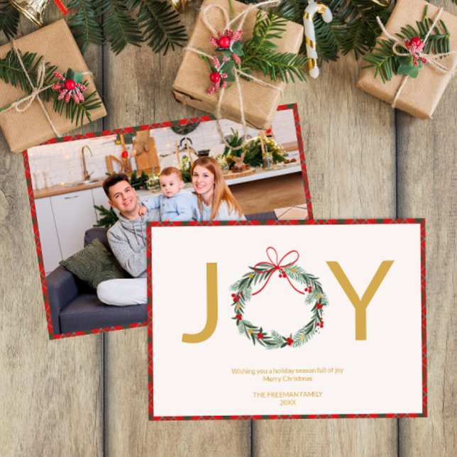 Cartão de Natal de JOY Wreath com Xadrez (Joy Typography Christmas Card)