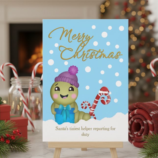 Cartão de Natal de Minhoca de Desenho Animado com  (Looking for an adorable Christmas card where you get to design the message? This is the one.)