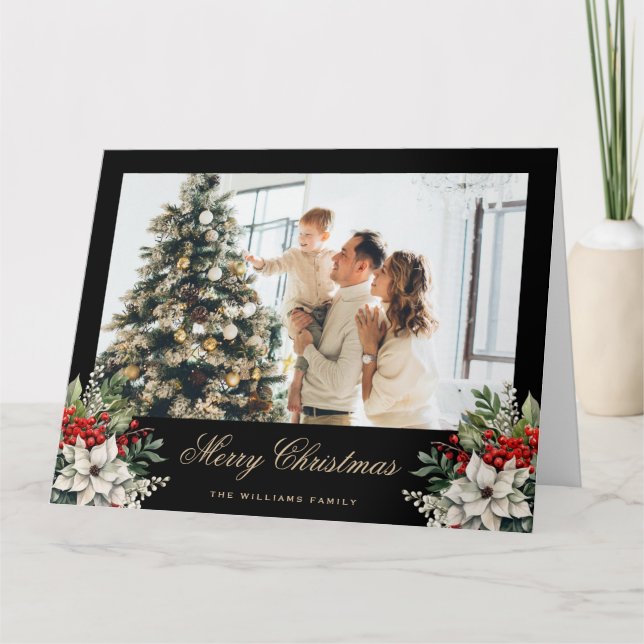 Cartão de Natal de Poinsettia Holly Red Berries (Frente)