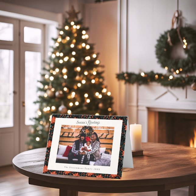 Cartão de Natal de Poinsettia Negra e Vermelha Mod (Poinsettia Season Folded Photo Christmas Card black)