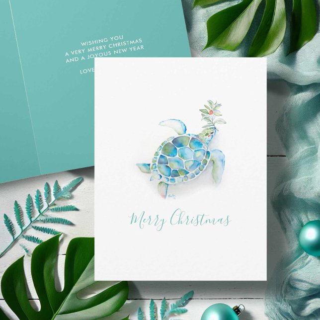 Cartão de Natal de Praia da Tartaruga Marítima de  (Coastal Christmas cards turquoise watercolor sea turtle art by Victoria Grigaliunas Do Tell A Belle)