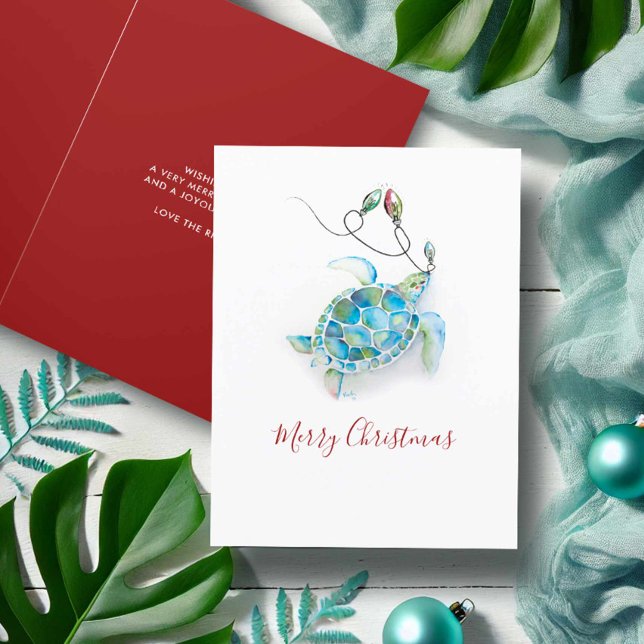 Cartão de Natal de Praia da Tartaruga Marítima de  (Beach Christmas cards watercolor sea turtle and holiday lights art by Victoria Grigaliunas. )