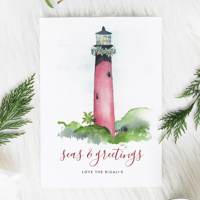 Cartão de Natal de Praia de Farol de Aquarela (Christmas Card Beach Watercolor Lighthouse )