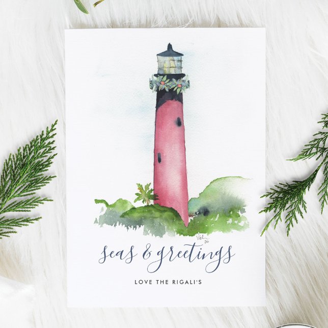 Cartão de Natal de Praia de Farol de Aquarela (Beach Christmas Card Watercolor Lighthouse )