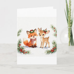 Cartão de Natal de Raposa e Cervo em Aquarela