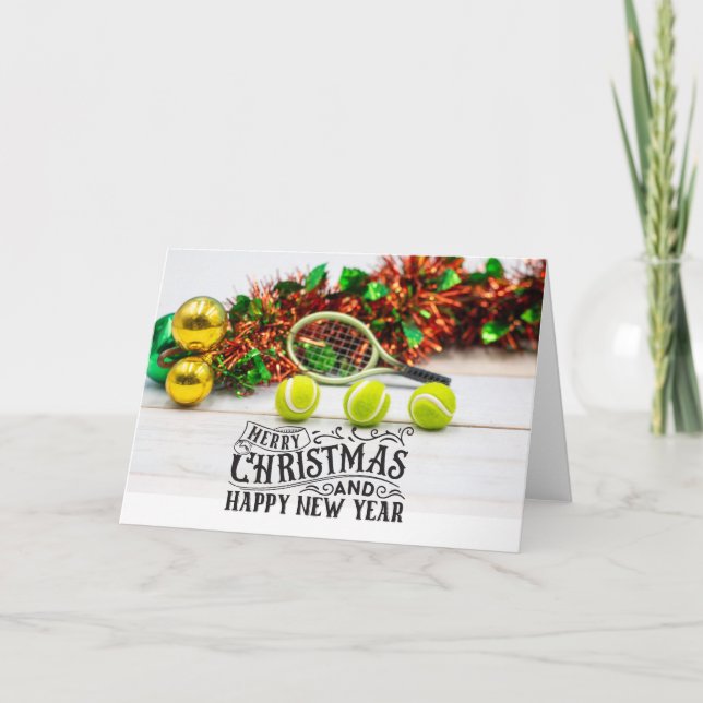 Cartão de Natal de tênis com bola e rack (Frente)