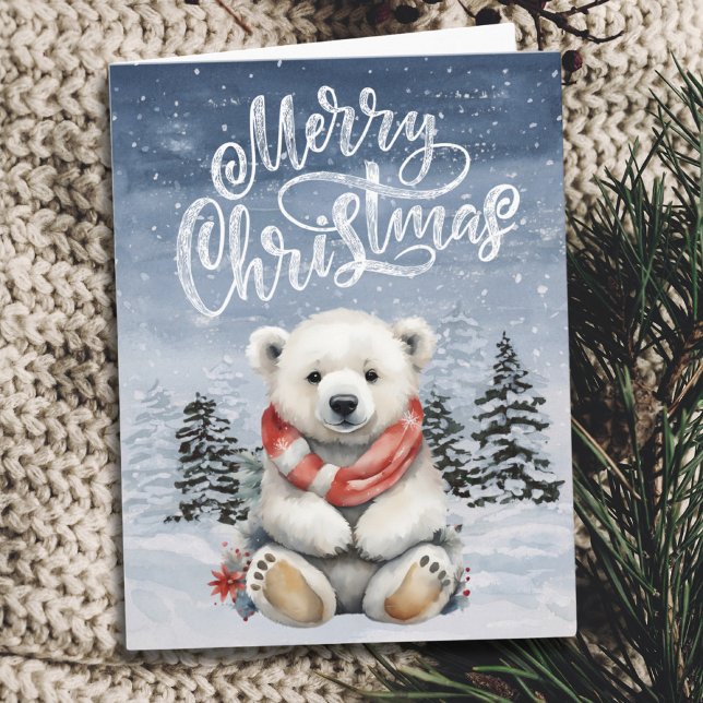 Cartão de Natal de Urso Polar Vermelho Adorável (Adorable Red Scarf Polar Bear Christmas Card)