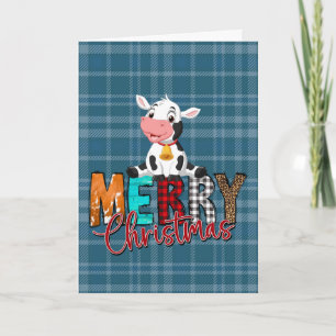 Cartão de Natal de Vaca de Natal com Xadrez Azul