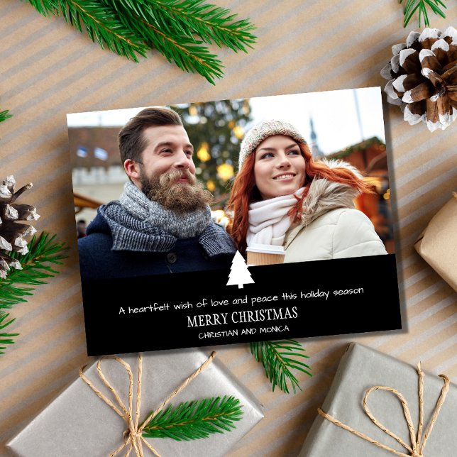 Cartão de Natal de Xadrez de Árvore de Pinheiros d (Modern Couple Pine Tree Photo Plaid Christmas Card)
