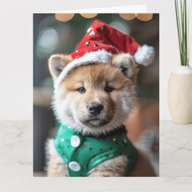 Cartão de Natal do Akita Elf Puppy (Frente)