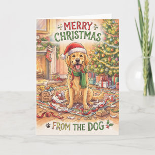 Cartão de Natal do Cão junto à Árvore de Natal