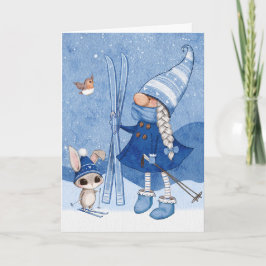 Cartão de Natal do Coelho Esquiando do Gnome