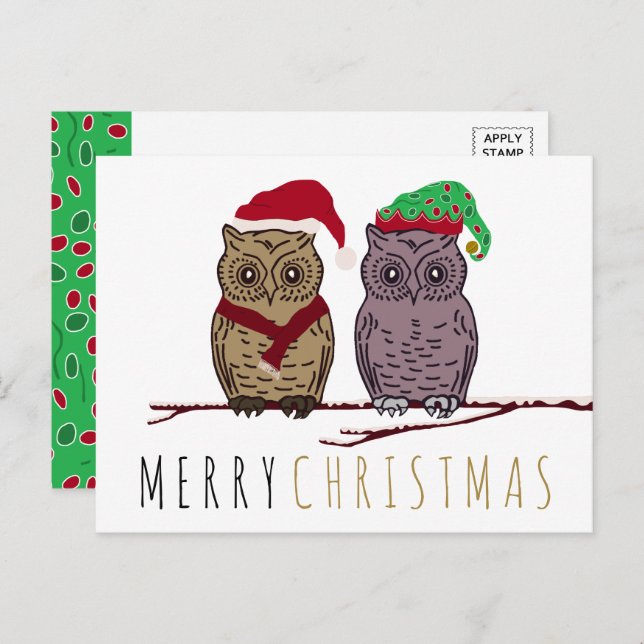 Cartão de Natal do Owl Papai Noel e Elf Owl (Frente/Verso)