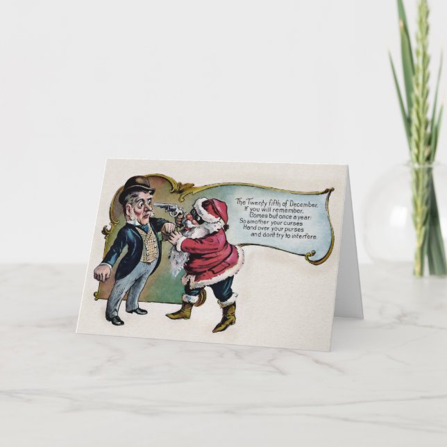 Cartão de Natal do Papai Noel Antigo com uma Arma (Frente)