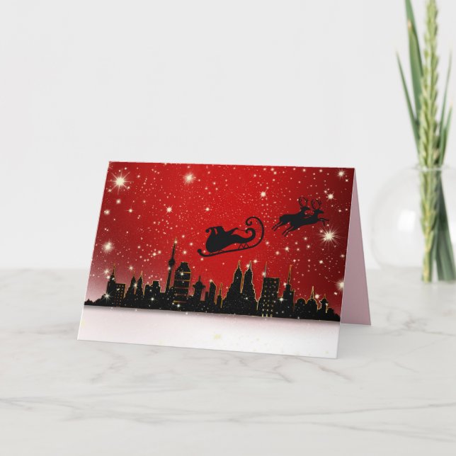 Cartão de Natal do Papai Noel sobre a cidade (Frente)