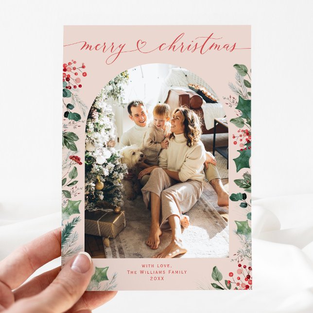 Cartão de Natal do Pastel Greenery Red Pink Arch (Criador carregado)