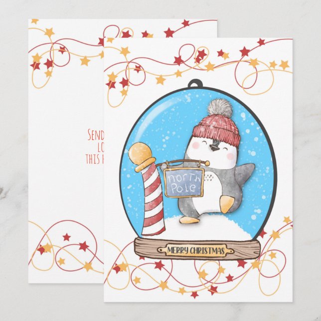 Cartão de Natal do Pinguim na Bola de Neve (Frente/Verso)