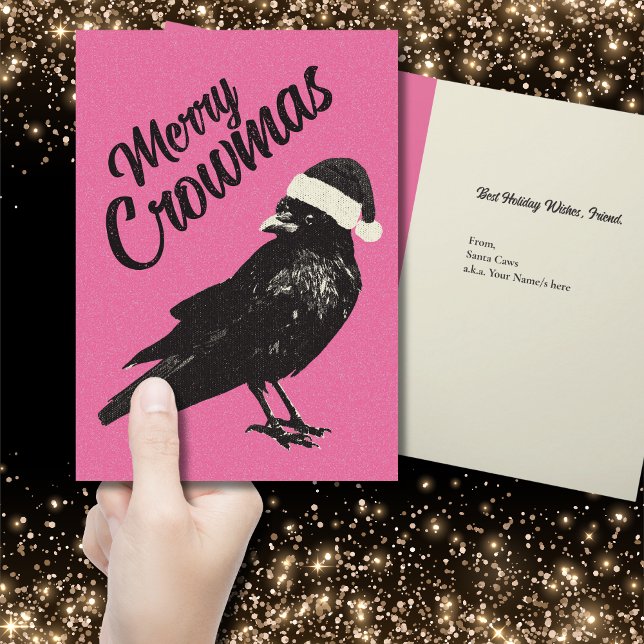 Cartão de Natal Dobrado, de Feliz Rosa e Negra (Gothic Christmas vibes make your holiday greeting card stand out with this black and pink crow card.)