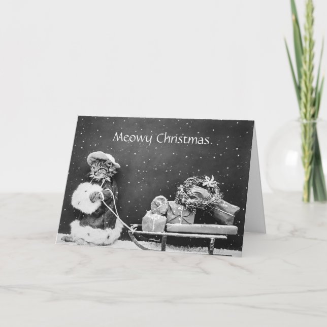 Cartão de Natal Dobrado de Gatinho de Vintage (Frente)