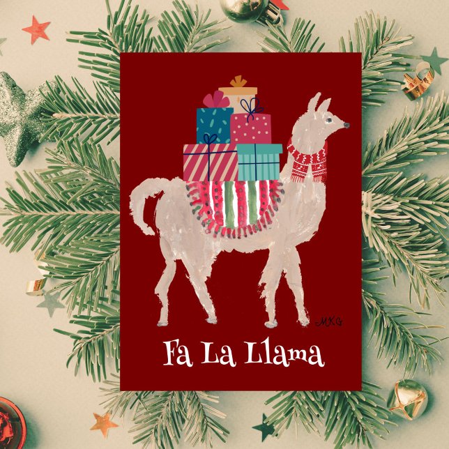 Cartão de Natal Dobrado Fa La Llama Mão Desenhada  (This festive llama is hand painted with vivid colors that pop against the red background.)