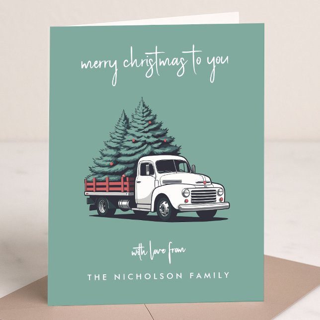 Cartão de Natal Dobrável | Caminhão de Entrega de  (A vintage inspired delivery truck folded holiday card design with retro festive flair)