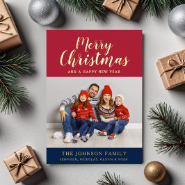 Cartão de Natal Dourado com Foto e Letra Moderna