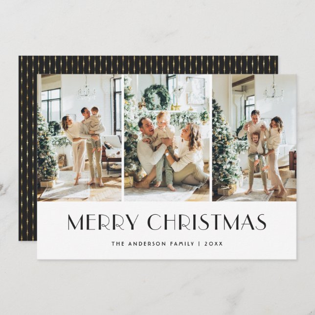 Cartão de Natal Dourado de Foto Preto Moderno (Frente/Verso)