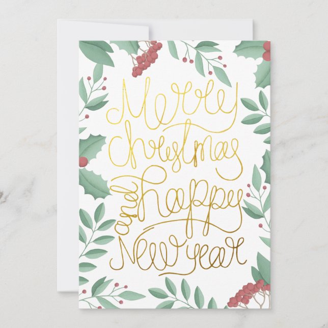 Cartão de Natal Dourado de Script Floral Moderno p (Frente)