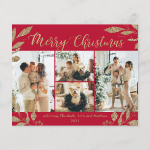 Cartão de Natal Dourado Elegante para Fotos Vermel