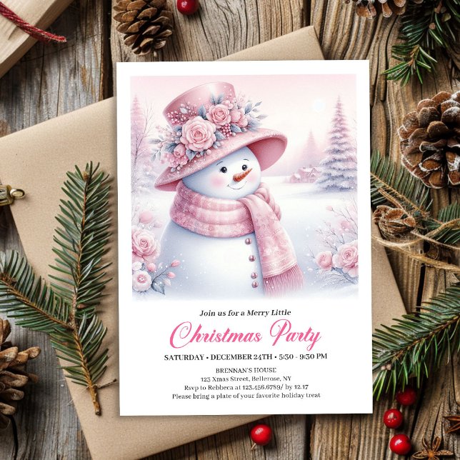 Cartão de Natal editável para crianças com boneco  (Vintage Pink Snowman Kids Editable Christmas Invitation

)
