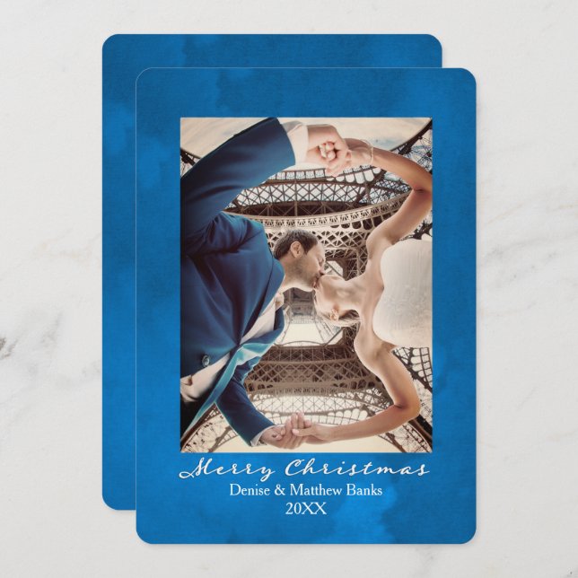 Cartão de Natal Elegante Azul Nebulas de Aquarela (Frente/Verso)