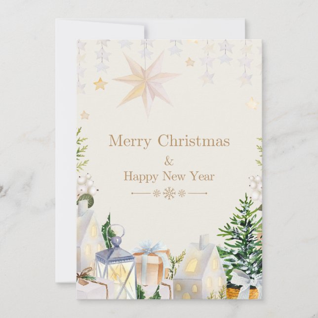 Cartão de Natal Elegante com estrelas e presentes (Frente)