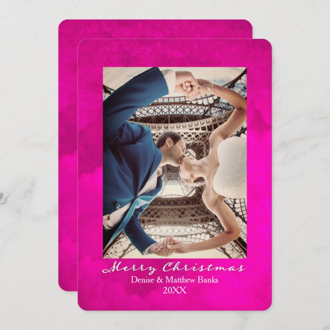 Cartão de Natal Elegante com Pavão Rosa em Aquarel (Frente/Verso)