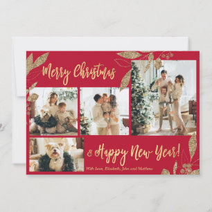 Cartão de Natal Elegante Red Dourado 4 Fotocolagem