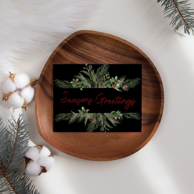 Cartão de Natal Empresarial Pine Holly Script Holi (Criador carregado)