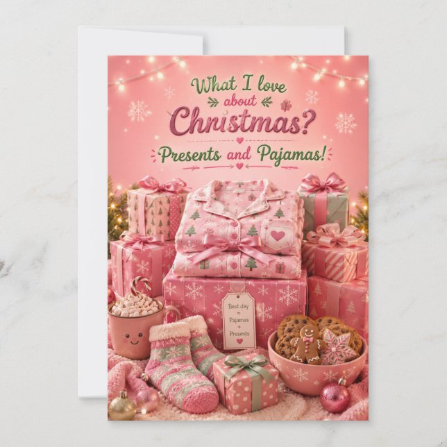 Cartão de Natal Engraçado Presentes e Pijamas (Frente)