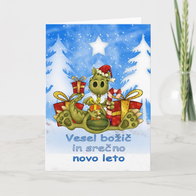 Cartão de Natal esloveno - dragão bonito - bož do (Frente)