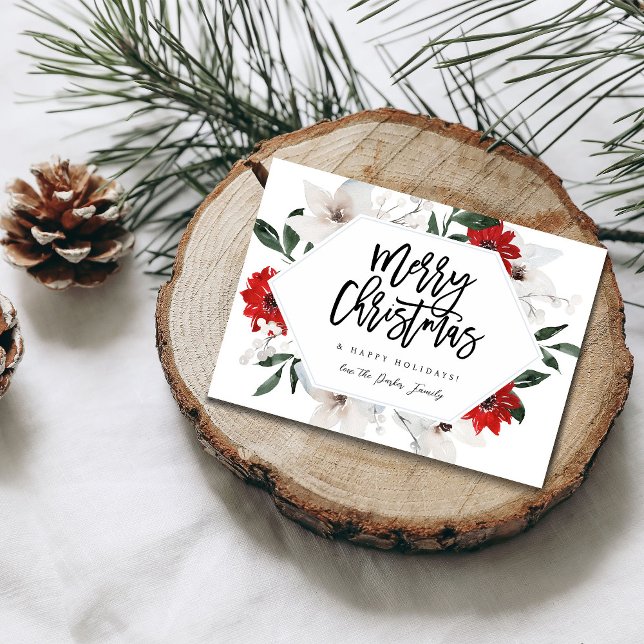 Cartão de Natal Feliz, Floral Vermelho e Branco (Criador carregado)