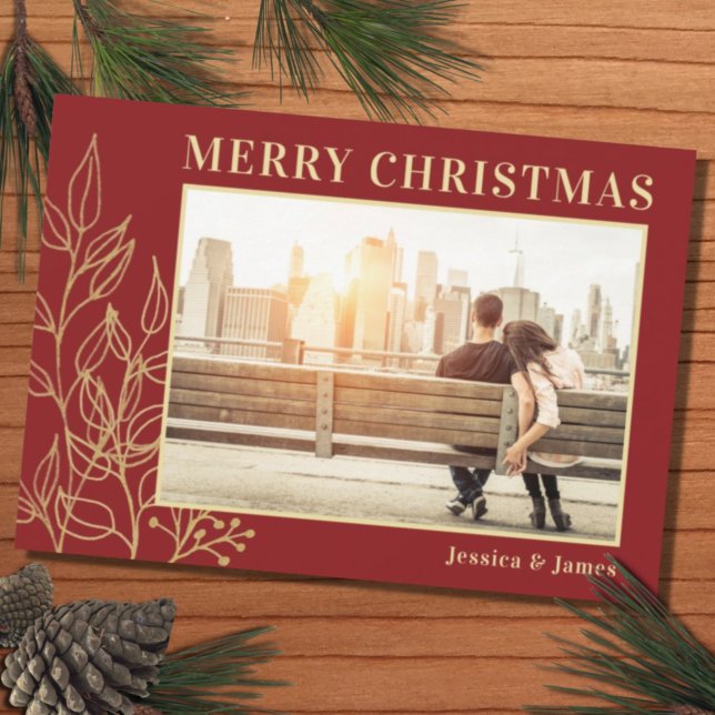 Cartão de Natal Feliz para Folhagem Dourada Vermel (Criador carregado)