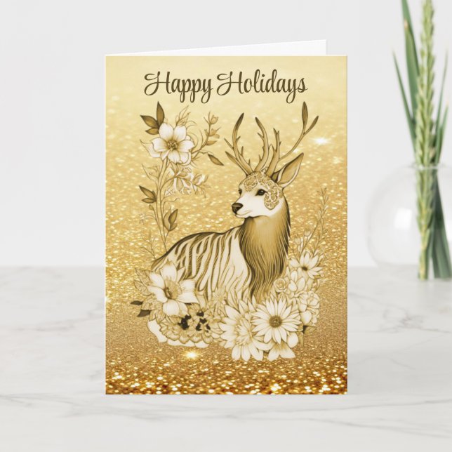 Cartão de Natal Férias Rena Floral Dourado (Frente)