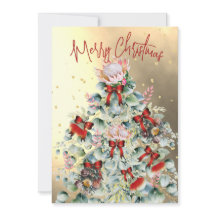 Cartão de Natal Flor Silvestre Dourada Árvore Verm