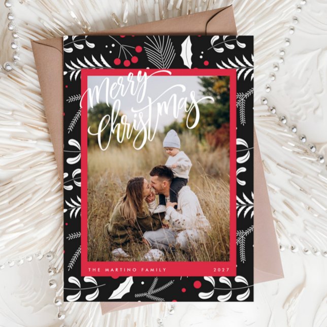 Cartão de Natal Floral de Folk Vermelho Moderno (Criador carregado)