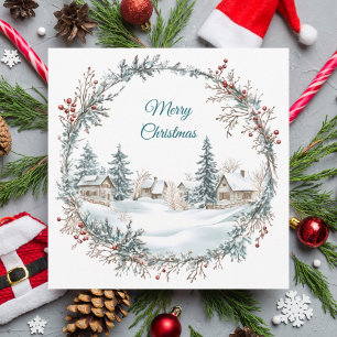 Cartão de Natal fofo de uma vila de inverno nevada