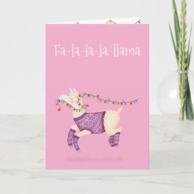 Cartão de Natal fofo Fa-la-la-la-llama (rosa) (Frente)