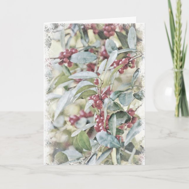 Cartão de Natal Folhas de Azevinho Congeladas na N (Frente)