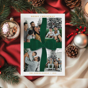 Cartão de Natal Foto com Laço Verde Elegante